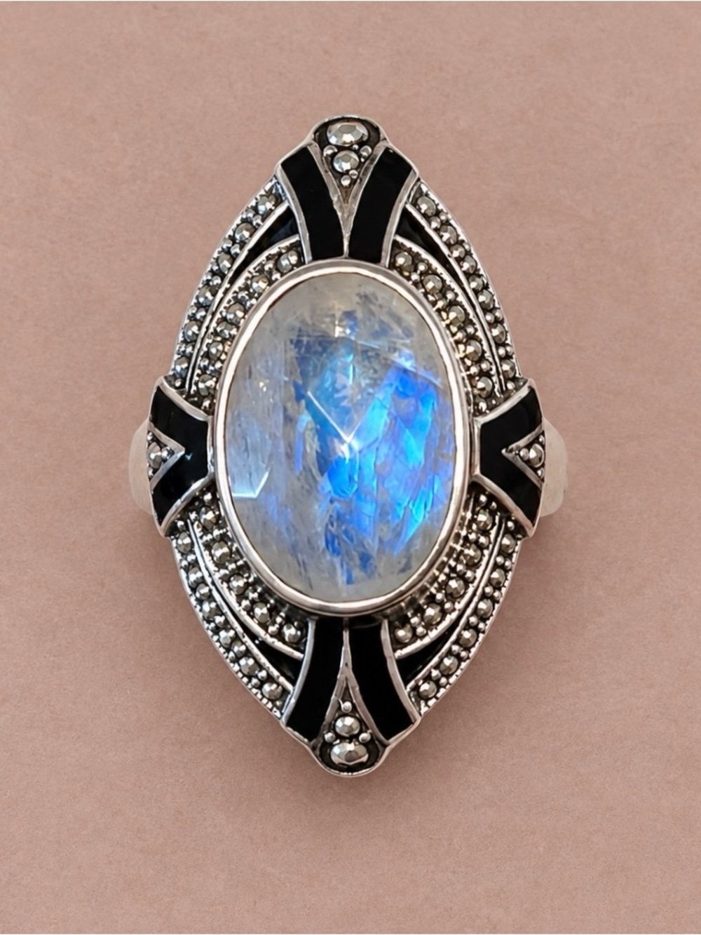 Nicky Butler 5.30Ct Rainbow Moonstone Enamel Art Deco Sterling Silver 925 Ring